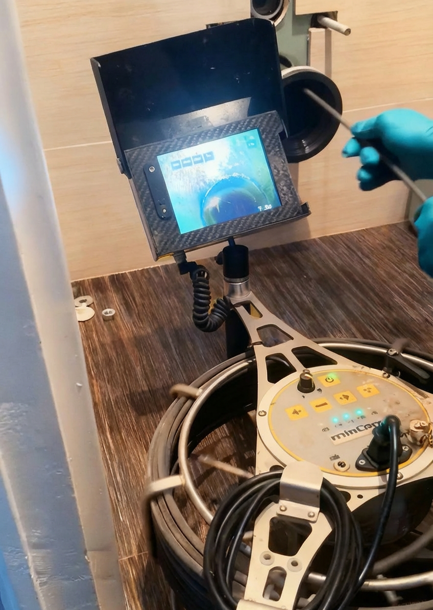 Photo d'un technicien En pleine intervention à l'arrière de son véhicule d'hydro-curage. 